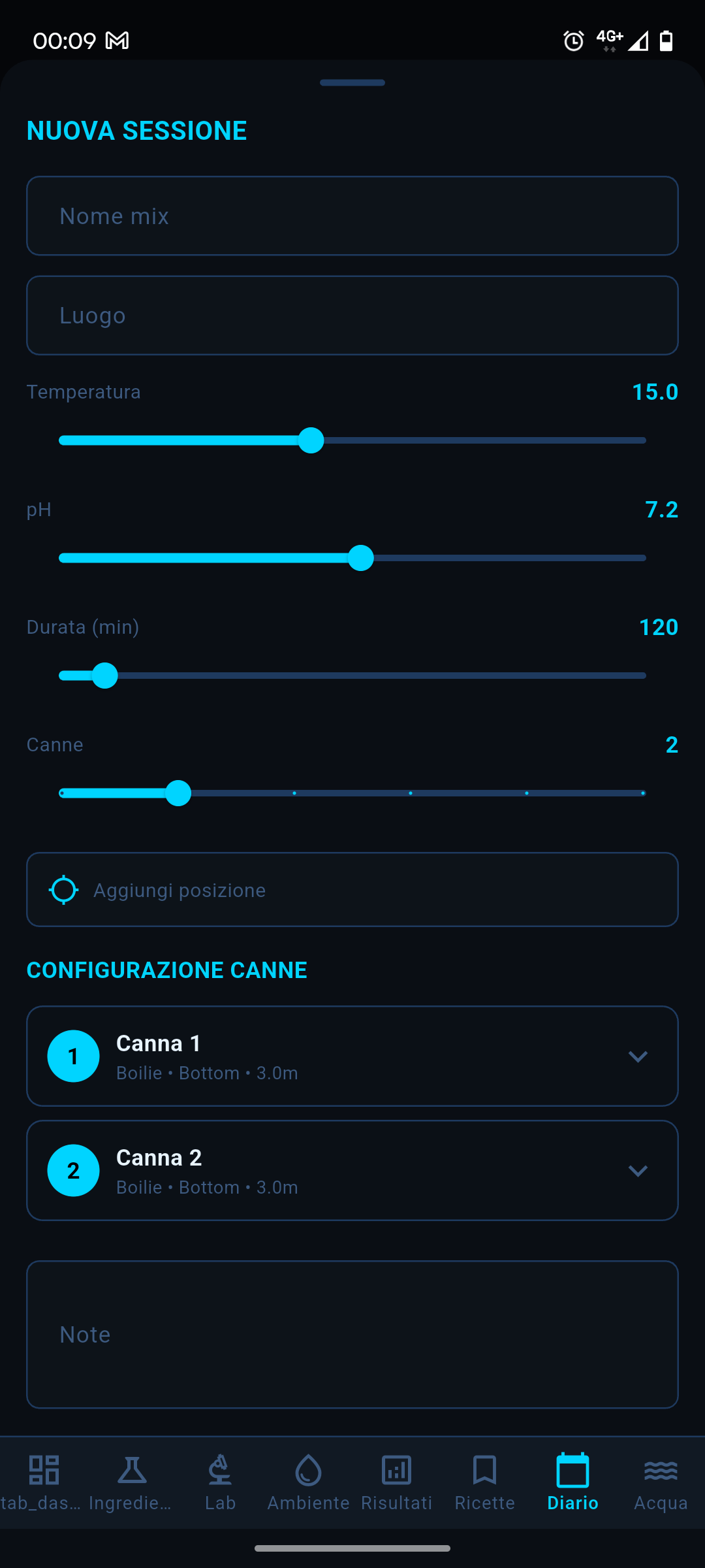 BoilesLab — Creazione nuova sessione di pesca